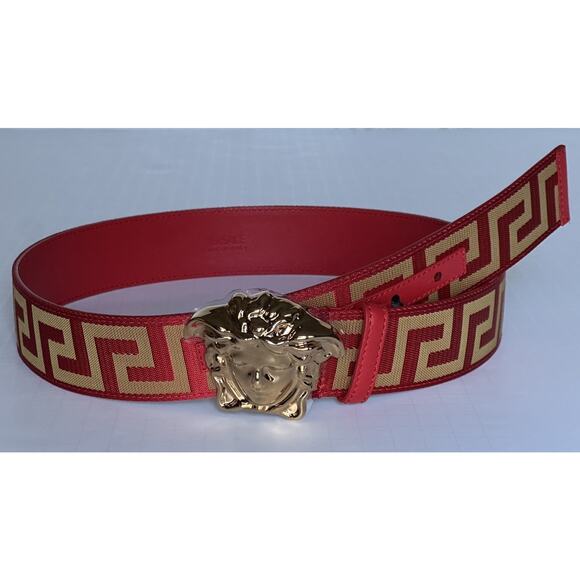 Versace Medusa-Buckle Greca Calf Leather Red/Gold Belt 80 (32) DCU8061 NWT $495 - Picture 1 of 12